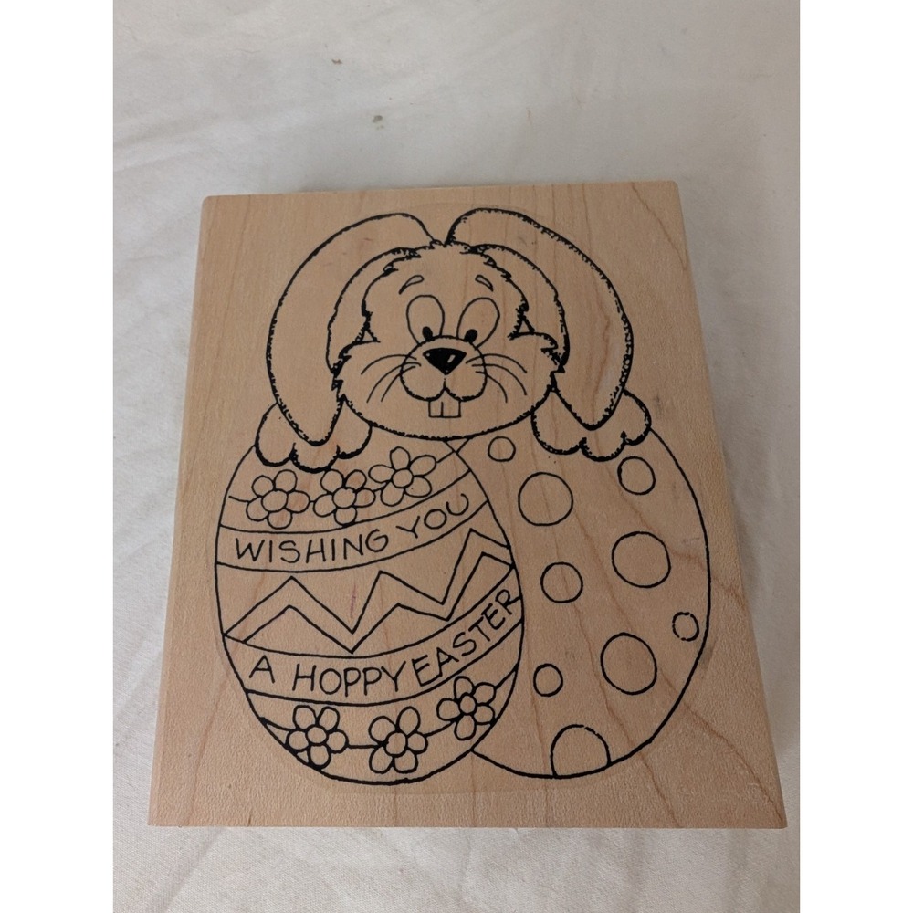 Easter - Wishing you a hoppy Easter with‎ bunny &  - Rubber Stamp - Wood Mounted